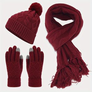 3 Pieces Winter Warm Beanie Hat Scarf And Touchscreen Gloves Set For Mens Womens