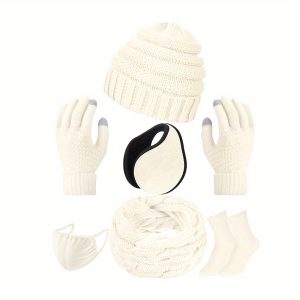 6 Pcs Winter Warm Set Knit Beanie Hat Infinity Scarf Touch Screen Gloves Earmuffs Sock Slouch Knit Hats For Women