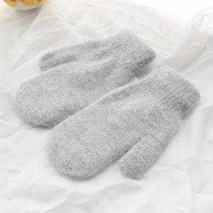 Double Warm Knitted Gloves, Thick Knit, Women's Winter Short Woolen Gloves - For Cold Weather Gray