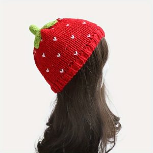 Cute Red Strawberry Beanie Cartoon Fruit Knit Hats Elastic Skull Cap Warm Beanies For Women Daily Use Autumn & Winter